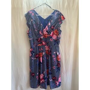 Chris McLaughlin Floral Gingham Dress Size 16 Fit & Flare Pockets Blue Pink